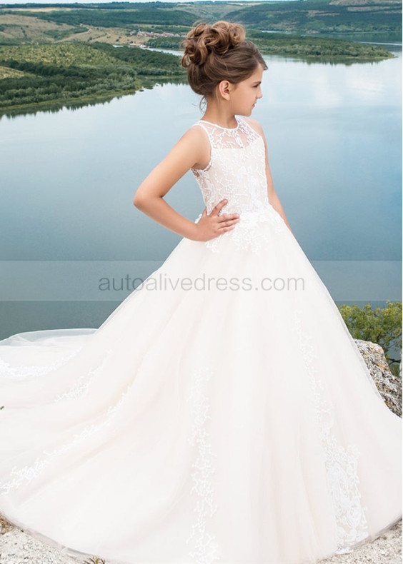 Ivory Lace Tulle Flower Girl Dress With Long Train